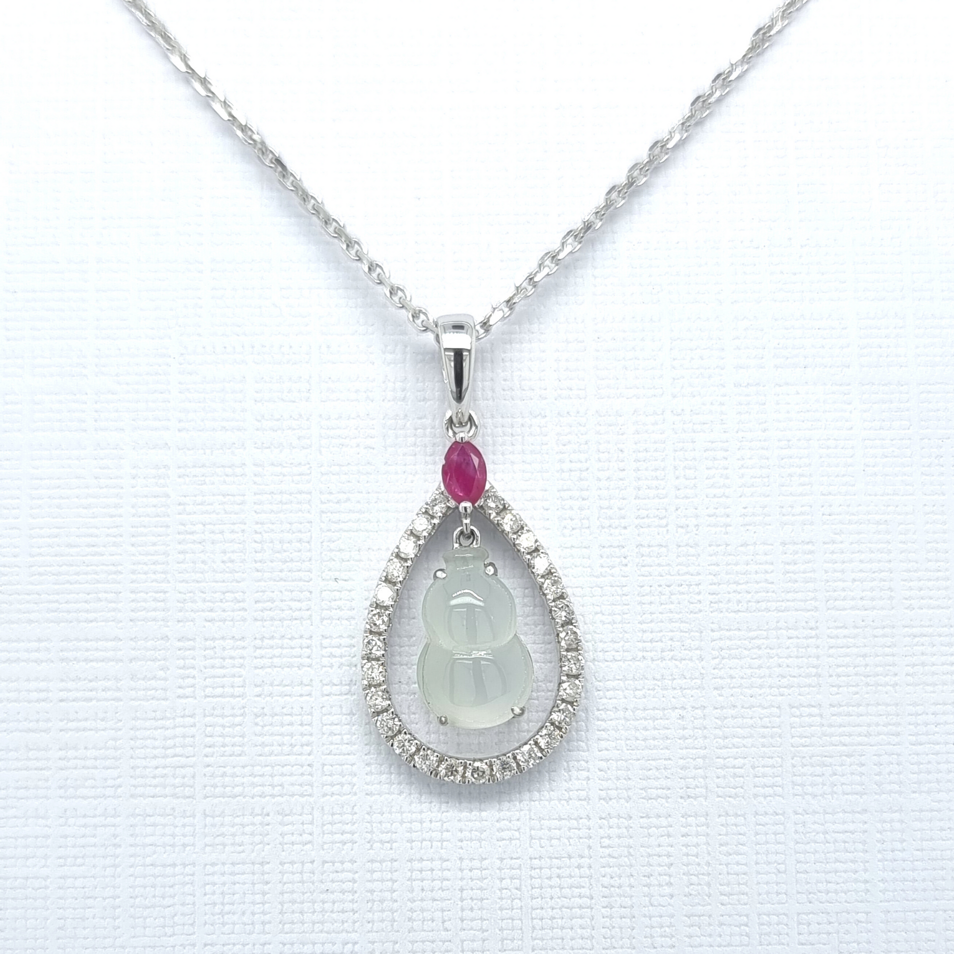 Ruby, White Jade and Diamond Pendant Necklace - Sanders Jewellers NZ